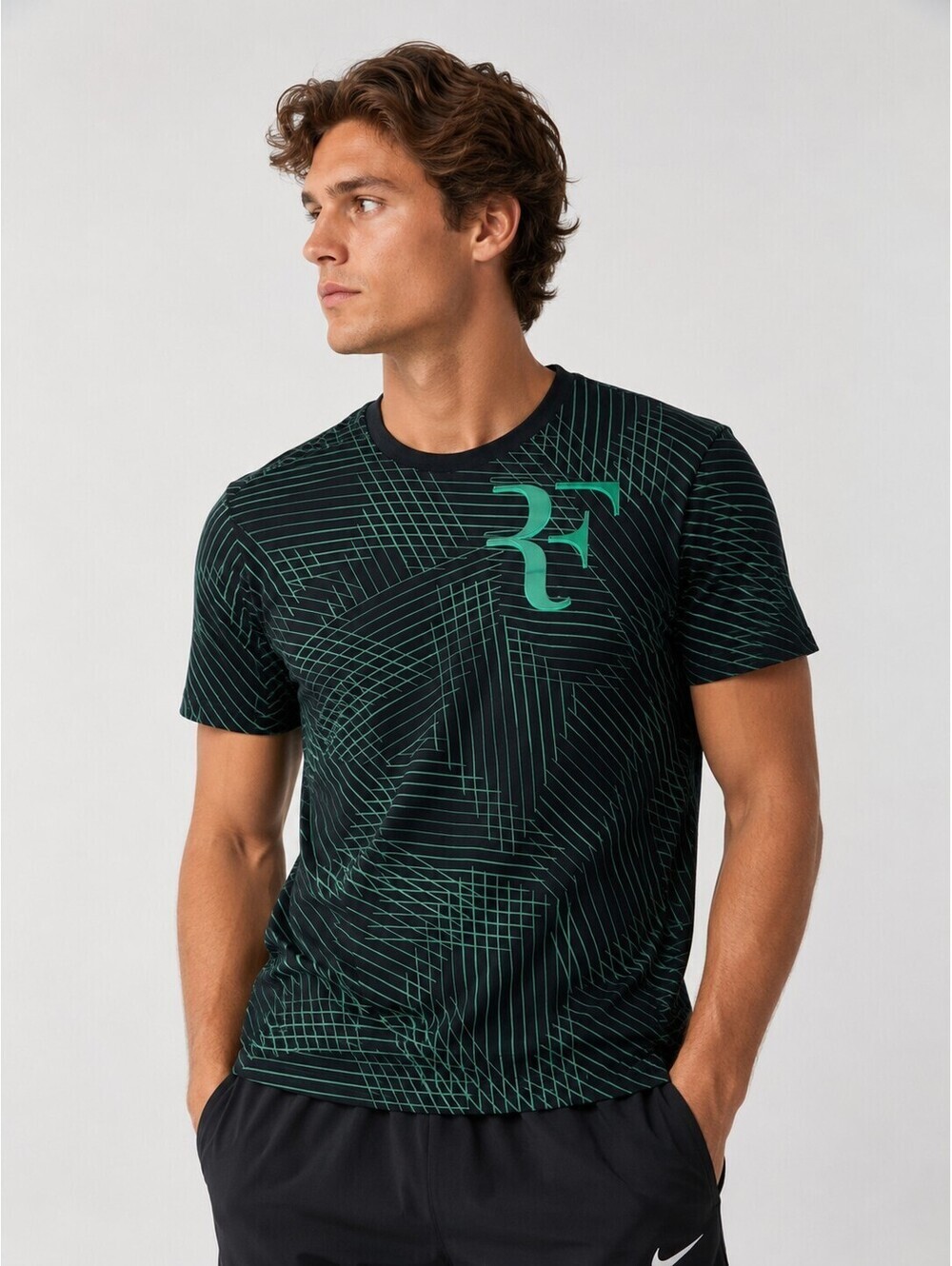 Nike Roger Federer RF Black Green Graphic T-Shirt Men's Medium M Athletic